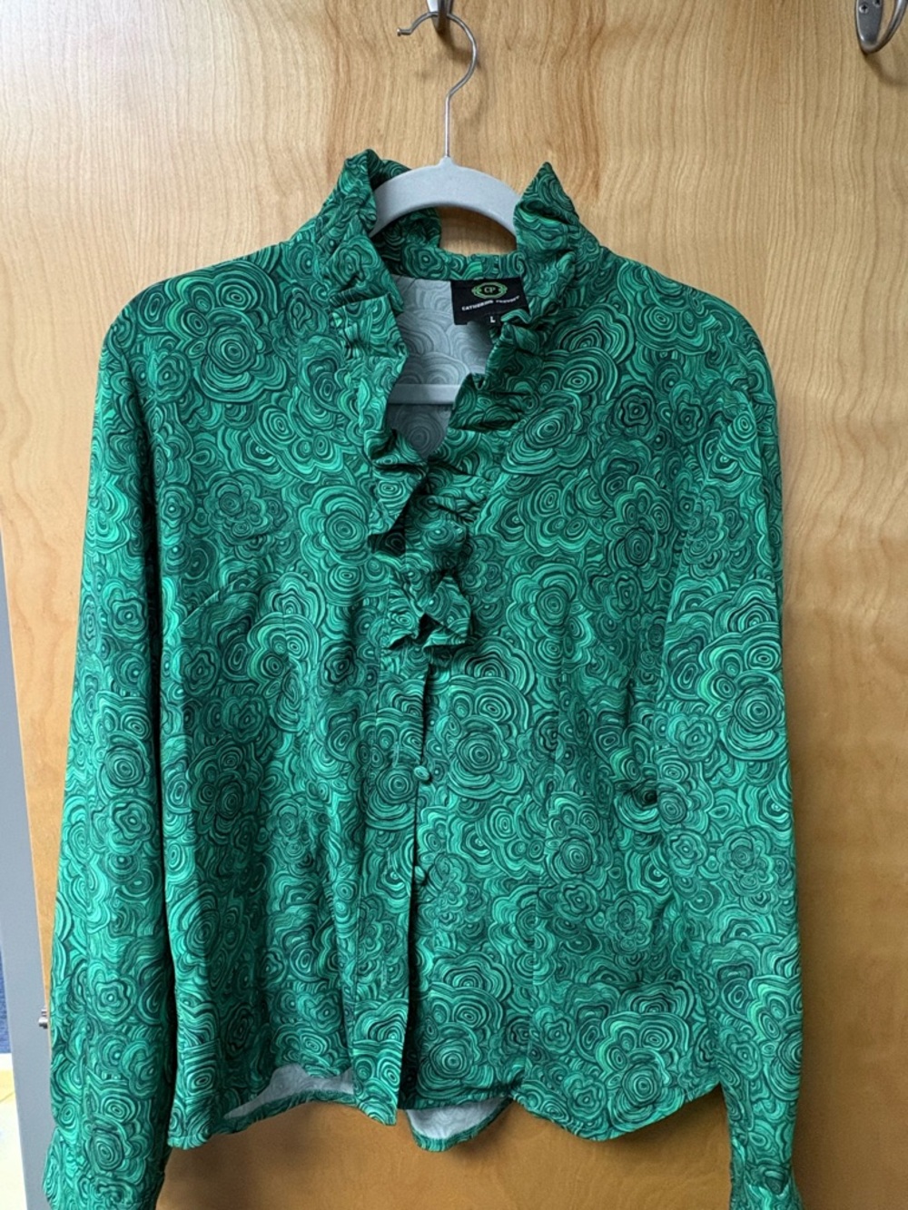 Green Ruffle-Front Floral Print Blouse